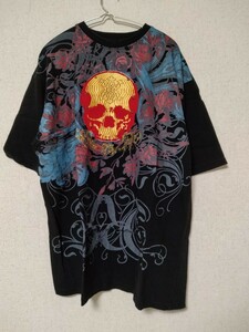 AVIREX L スカル　どくろ　　トライバル　バラ　薔薇　1975 金刺繍　総柄　Tシャツ コットン　綿　半袖　アメカジ　ストリート　USA 