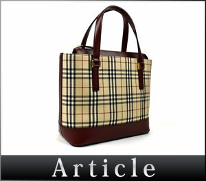 182109□ BURBERRY バーバリー チェック柄 ハンドバッグ トートバッグ 鞄 キャンバス レザー 革 ベージュ ボルドー レディース/ B