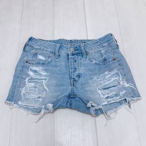 YH1068 AMERICAN EAGLE アメリカンイーグル レディース ショート丈 デニムパンツ ダメージ加工 EU34 カジュアル 万能 USED 古着