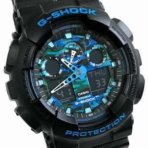 超美品 CASIO カシオ G-SHOCK ジーショック 腕時計 GA-100CB-1A クオーツ アナデジ カレンダー ブルー カモフラージュ 動作確認済み