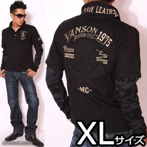 当店別注 VANSON バンソン フェイクレイヤード 長袖 ポロシャツ ブラック×袖ブラックカモ【XLサイズ 】NVPS-519 バイカー アメカジ 刺繍