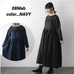 ★08Mab★胸元タックプリーツリネンワンピ★NAVY★