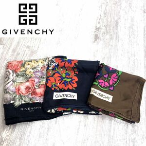 1H891-U-N◆スカーフまとめ ３点セット◆GIVENCHY ジバンシィ スカーフ 花柄 上品◆size 約89×89cm 他 ブラウン ネイビー アイボリー 絹