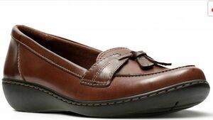 送料無料 Clarks 24.5cm ウエッジ ローファー パンプス ブラウン レザー 革 ソフト インソール フォーマル スリッポン AC59