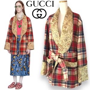 t123 良品 GUCCI 2019 グッチ ウール ガウンコート ラップジャケット チェック柄 ペイズリー 36 イタリア製 アウター 正規品 582755