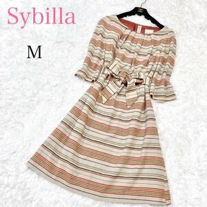 美品 Sybilla シビラ ウールワンピース M ベージュ リボン Aライン フレア 膝丈　ストライプ　ボーダー 美シルエット