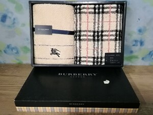 g_t F089 ☆Burberry バーバリー フェイスタオル 2枚 34×75cm 綿100% ベージュ ノバチェック 箱入り ギフト 【未使用長期保管品】