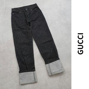 美品 GUCCI グッチ ブラックデニム シェリーライン ストレート ロールアップ ワンウォッシュ フルレングス レディース 36