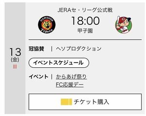 9/13（金）18時開始　阪神タイガースvs 広島カープ　ライト外野指定席2連番