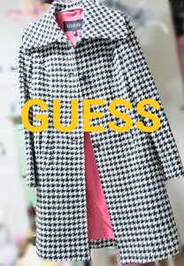 【希少】GUESS 千鳥格子 コート ゲス レディース ジャケット★黒 x 白★裏地 ポケット ひざ丈 上品【美品】