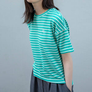 Nora Lily ノラリリー Tシャツ BORDER BIG S/S TOP レディース グリーン フリーサイズ（M/L）