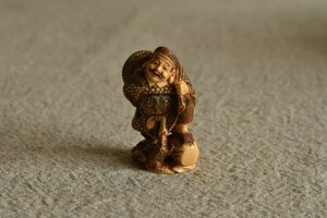 【古美術】松山 銘 大黒様 仏像 縁起物 神仏 根付 牙 彩色 Netsuke 提物 商売繁盛