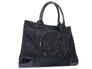 1円 ■美品■ TORY BURCH トリーバーチ エラ ナイロン×パテントレザー ハンドバッグ トート ショルダー 肩掛け ブラック系 AZ5648