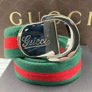 【美品/希少】GUCCI グッチ ベルト シェリーライン Dリングバックル 筆記体ロゴ シルバー金具 コットン レザー ビジネス メンズ 95サイズ