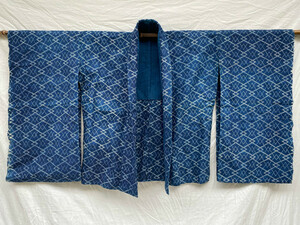 明治期 中形染め 藍染 木綿 着物 襦袢 羽織 手差し ジャパンヴィンテージ INDIGO BULE JAPAN VINTAGE ANTIQUE 襤褸 型染め 綺麗なフェード