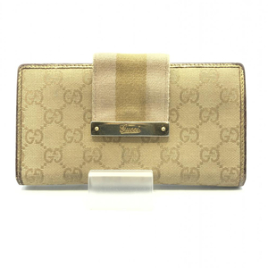 【中古】GUCCI GGキャンバス×レザー 長財布 ベージュ 181668　グッチ[240017659444]