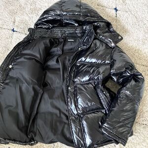 希少◆XLサイズ相当！2way◎ DIESEL ディーゼル ダウンジャケット ブルゾン アウター 肉厚 光沢 背面ロゴ フード メンズ ブラック 黒