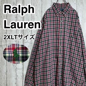 ☆送料無料☆ Ralph Lauren ラルフローレン 長袖 ボタンダウン チェックシャツ 2XLTサイズ マルチカラー ビッグサイズ 刺繍ポニー21S-17