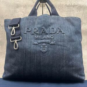 現行/大容量●PRADA プラダ 三角ロゴ デニム 2way トートバッグ ショルダー ボストン エンボスロゴ 2VG081 ネイビー メンズ レディース 