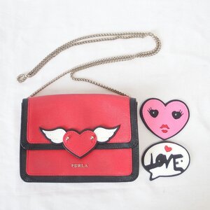 FURLA◆フルラ チェーン ショルダーバッグ ポシェット（レッド）ハート/LOVE アタッチメント2個付き◆USED　①