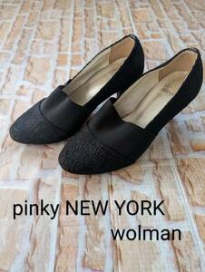 1使用のみ【超美品】☆pinky wolman ピンキーウォルマン　ハイヒール　パンプス　２４ｃｍ　Ｌ　黒 ブラック ゴールド　総レース 女子力☆