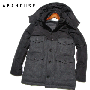 【アバハウス】 ツイード切替　フーデッドダウンジャケット　DOWN JACKET　サイズ48（L） ABAHOUSE ecru　アバハウスインターナショナル