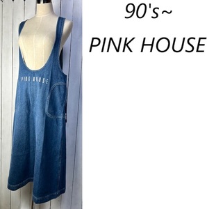 レトロ 90s～ PINK HOUSE ロング丈 デニムジャンパースカート オールド ヴィンテージ ピンクハウス ワンピースゆったりシルエット M L★244