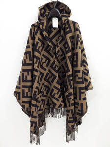 FENDI FF LOGO CASHMERE 100% CAPE PONCHO FXX711 AEOS フェンディ ズッカ柄 ロゴ カシミヤ フリンジ フード ケープ ポンチョ