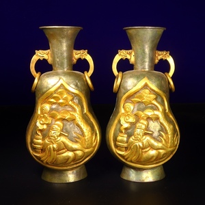  *珍品旧蔵*中國唐代の局部金花瓶一対の純手彫り打刻技術 LRF0111