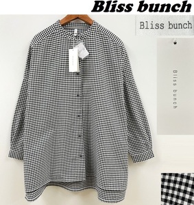 未使用品 Bliss bunch ギンガムチェック 長袖ノーカラーシャツ レディース カジュアル アウトドア タグ ワイドスリット 白黒 ブリスバンチ