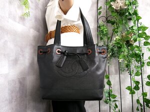 ★●超美品●CHANEL シャネル●刺繍ココマーク●7414431●キャビアスキン レザー 本革●巾着 トート バッグ●黒●B5 収納●カード有●B104