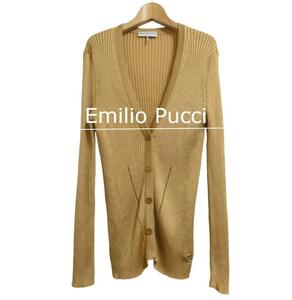 美品 Emilio Pucci エミリオプッチ サイズL ロゴ レーヨン Vネック 長袖 ニット カーディガン 茶 ブラウン