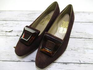 ☆【B送900円】925 Salvatore Ferragamo サルヴァトーレフェラガモ スエードパンプス べっ甲 ブラウン スクエアバックル ヒール 5 1/2 D