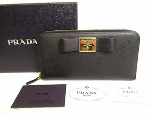 【未使用保管品】 プラダ PRADA サフィアーノ レザー リボンモチーフ ジップアラウンド 長財布 ラウンドファスナー メンズ レディース