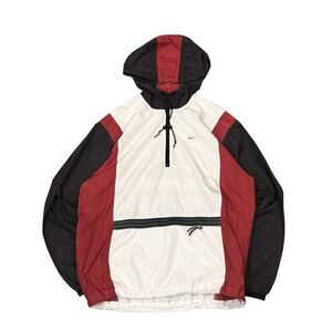 【90s】 NIKE ナイキ ナイロンアノラックパーカー フーディ メンズ XL 白/ホワイト プルオーバー ハーフジップ ワンポイント ビンテージ