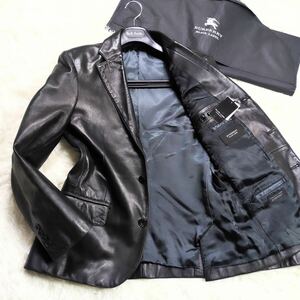 絶版美品羊革BURBERRY BLACKLABELラムレザーテーラードジャケットL~Mナッパスキン黒ノバチェック柄大きいブラレバーバリーブラックレーベル