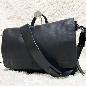 1円●極美品●COACH●コーチ●メッセンジャーバッグ ショルダーバッグ 2way シボ革 レザー 皮 カバン 鞄 バック ブラック 黒 メンズ