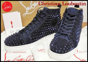 国内正規品 Christian Louboutin ルイススパイク クリスチャンルブタン 41 メンズ スニーカー 紺色 メタルスタッズ ハイカット ベロア 26cm