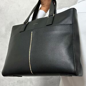 希少/A4◎ポールスミス Paul Smith メンズ ビジネス トートバッグ ショルダー レザー 本革 シボ革 ブラック 黒 マルチストライプ 肩掛け