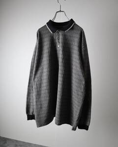 C37 monotone jacquard check long sleeve polo shirt ジャガード ユニーク チェック柄 モノトーン コットン混 長袖 ポロシャツ 90s 00s