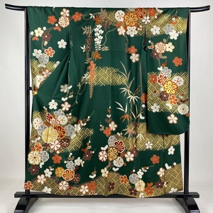 振袖 身丈157cm 裄丈67cm M 袷 梅 檜垣 金糸 金彩 緑 正絹 名品 【中古】