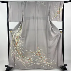 訪問着 身丈164cm 裄丈65.5cm M 袷 熨斗 草花 金糸 金彩 灰紫 正絹 秀品 【中古】