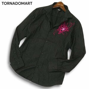 TORNADOMART トルネードマート 通年 フラワー刺繍★ 長袖 ラメ ストライプ シャツ Sz.L　メンズ 黒 日本製　A4T09596_9#C