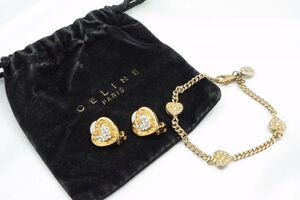 セリーヌ ヴィンテージ ブレスレット イヤリング 2点セット まとめ売り ハート ラインストーン 金 ゴールド CELINE 9985j