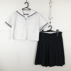 1円 セーラー服 スカート 上下2点セット 165A 大きいサイズ 夏物 青3本線 女子 学生服 中学 高校 白 制服 中古 ランクC EY8391