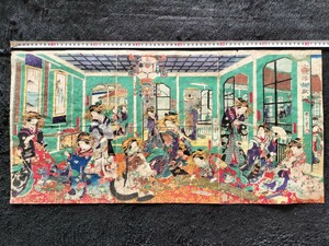 花魁!明治期/真作 豊原国周「金瓶楼遊戯」本物浮世絵木版画 美人画 錦絵 大判 三枚続き 裏打ち