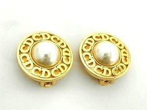 1円 ■美品■ ChristianDior クリスチャンディオール ヴィンテージ パール クリップ式 イヤリング アクセサリー ゴールド系 FG2009