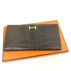 美品 人気 エルメス クロコ型押し ベアンスフレ 長財布 HERMES