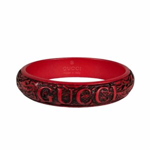 美品 GUCCI グッチ ロゴ×ドラゴン エングレーブバングル カフブレスレット アクセサリー L レッド×ブラック J0504