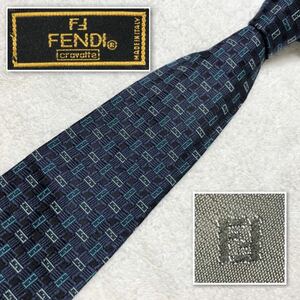 ■美品■FENDI フェンディ　ネクタイ　FF柄　紐　格子　総柄　シルク×アセテート　イタリア製　ブルー系　ビジネス